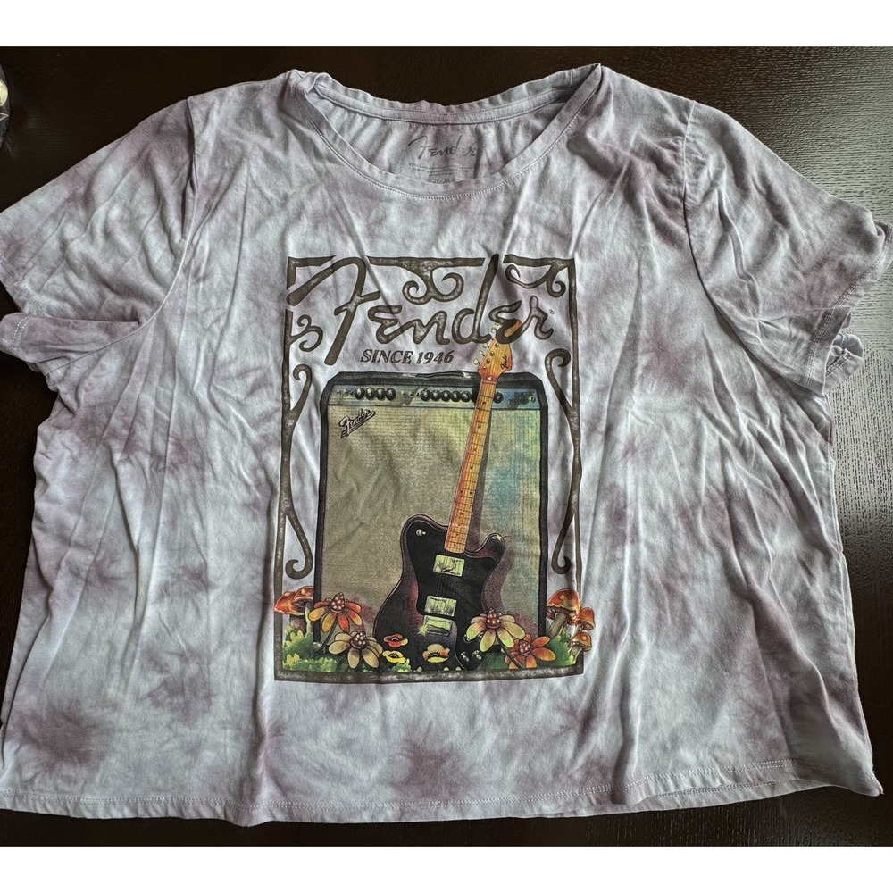 Fender T Shirt Womens 26/28 Plus Size Tie Dye Guitar Amp Graphic Purple White